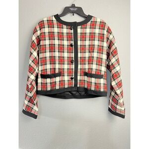 Talbots Vintage 100% Pure Wool Plaid Cropped Jacket Red Black White Lined L